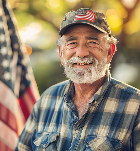 Veteran smiling American flag background